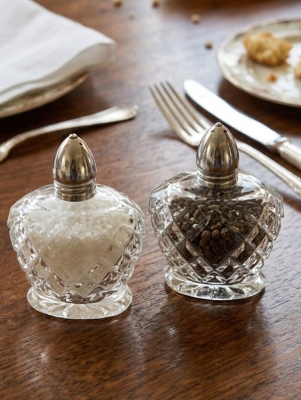 Vintage Crystal Glass Salt & Pepper Shakers Silver Tops